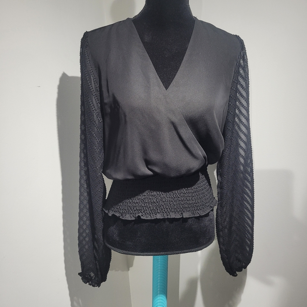 Laundry by Shelli Segal Women's Faux Wrap Blouse Large Black Whimsigoth